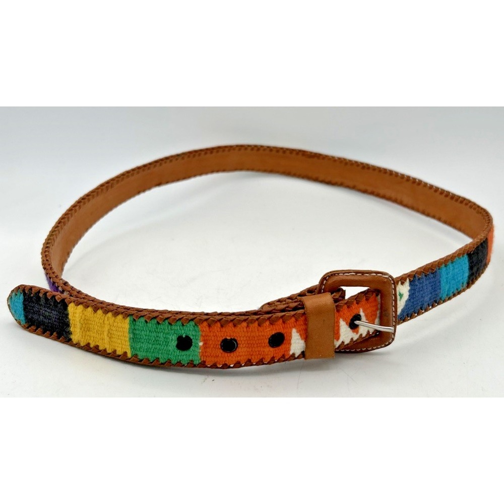Vintage Color Block Belt 1980's Brown Leather Native  32"